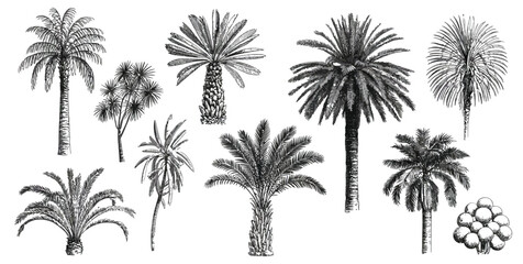 Hand Drawn Palm Tree Set with Tropical Botanical Fronds, Vintage Engraving Style Rainforest Landscape Clipart, Detailed Exotic Sketch Vector Collection for Summer Tourism and Jungle Patterns