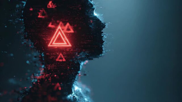 Digital abstract silhouette profile face triangle neon red futuristic technology glowing mysterious cyber data science innovation creative artificial intelligence concept modern imagination