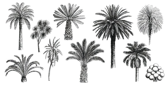 Hand Drawn Palm Tree Set with Tropical Botanical Fronds, Vintage Engraving Style Rainforest Landscape Clipart, Detailed Exotic Sketch Vector Collection for Summer Tourism and Jungle Patterns