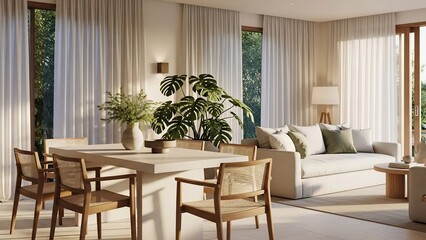 Modern Dining Room and Living Area with Natural Light and Plants.