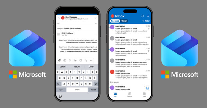 Microsoft Outlook Mobile Email Interface Mockup Showcasing Inbox List and New Message Composer on Modern Smartphone with Clean White UI and Official Microsoft Branding
