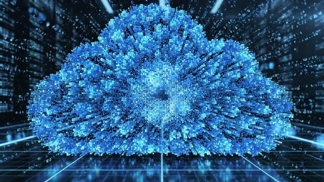 Digital cloud composed of glowing blue pixel cube data particles forming dense binary code rain and stylized network node with reflective grid floor conveying futuristic storage connectivity