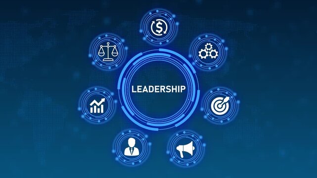 Digital infographic with central text LEADERSHIP surrounded by icons representing business and management concepts on a world map background