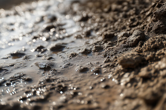 Wet, glistening muddy ground with a shallow pool reflecting sunlight.