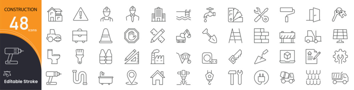 Construction icon set. Building and infrastructure related line icons. helmet, crane, blueprint, hammer, bricks, machinery, tools, safety, architecture, renovation and more. Editable stroke. 