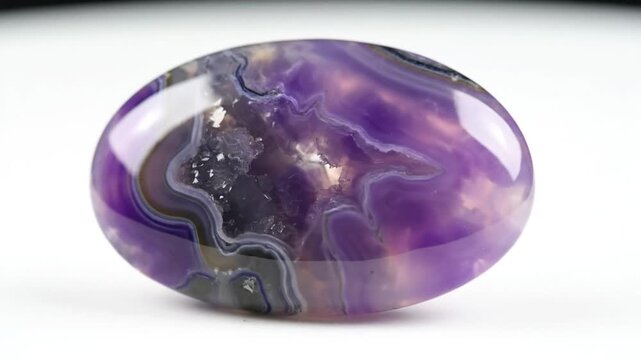 Mesmerizing purple agate gemstone with a polished surface against a simple white background in a studio shot