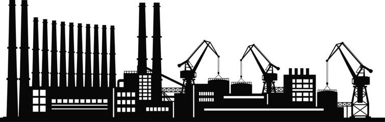 Industrial factory skyline silhouette vector illustration, heavy industry plant with cranes and smokestacks, manufacturing and construction concept, black isolated urban industrial landscape