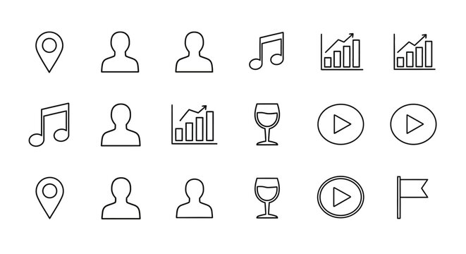 Collection of various icons including location people music charts and media controls