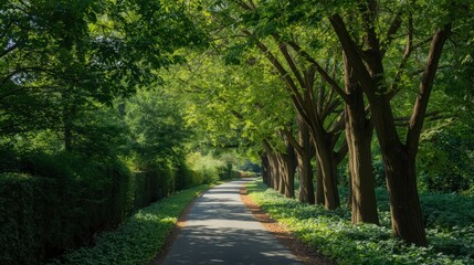 Obraz premium A tree lined path in a forest with sunlight filtering through the leaves