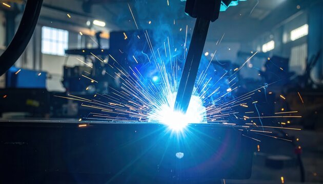 Zautomatyzowany proces spawania przemysłowego z użyciem ramienia robota generującego jasne niebieskie światło i iskry w hali produkcyjnej.