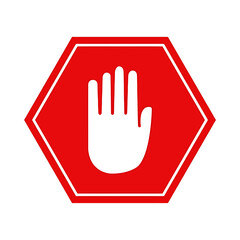Obraz premium Red octagonal sign with white hand palm facing forward prohibition symbol