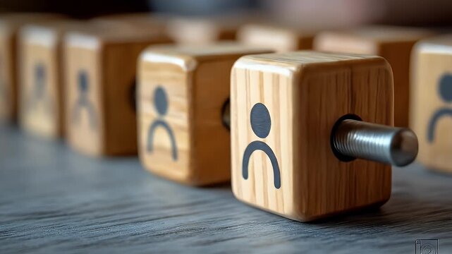Wooden blocks with person icons lined up on a table