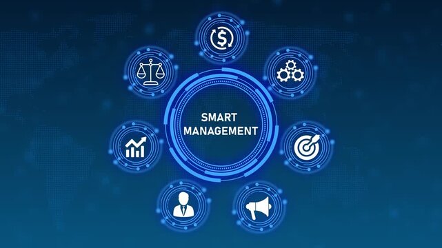 Centralized Smart Management System with Icons Representing Business Processes on World Map Background