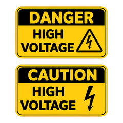 Obraz premium Yellow warning signs with danger and caution high voltage labels