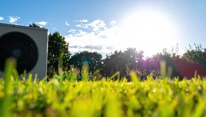 Nowoczesna pompa ciepła zainstalowana na zielonym trawniku w słoneczny dzień, zapewniająca ekologiczne ogrzewanie i chłodzenie domu.