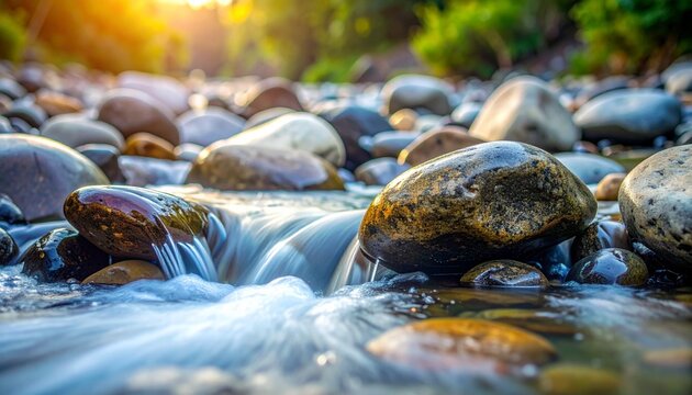 Serene River Flowing Over Smooth Stones at Sunset Natural Beauty and Tranquility for Wellness and Relaxation.