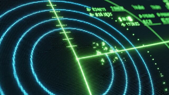 Green radar display with concentric blue rings and bright green sweep line tracking multiple blips and data readouts dark control interface conveying monitoring and detection urgency green radar