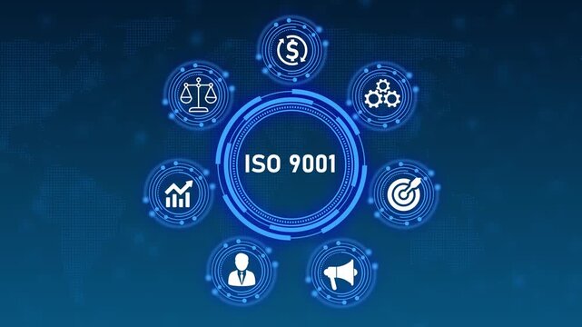 ISO 9001 concept with icons and world map background ISO 9001 quality management