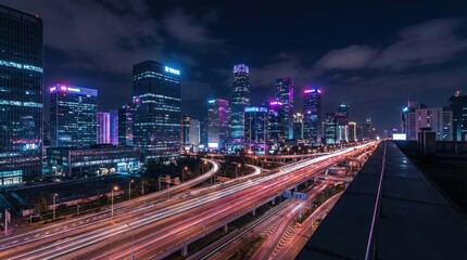 Obraz premium Fintech urban growth concept, Neon urban night city skyline with highway light trails, modern financial district cityscape, long exposure traffic background for technology and business concept