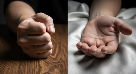 Contrast between a tightly clenched fist on a wooden surface and a relaxed open hand on soft fabric illustrates opposing emotional states.