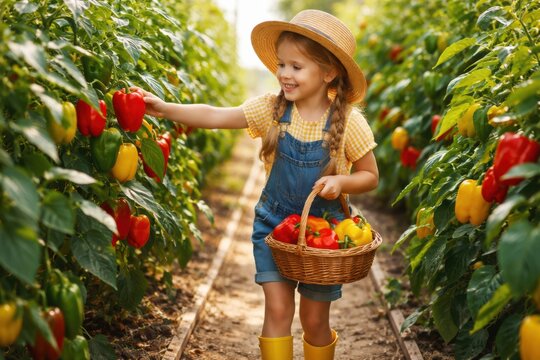 A smiling young girl in a hat and overalls picks colorful bell peppers in a garden, holding a basket full of fresh vegetables.