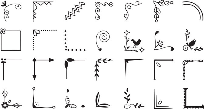 Collection of hand drawn decorative corner borders for page and frame embellishment