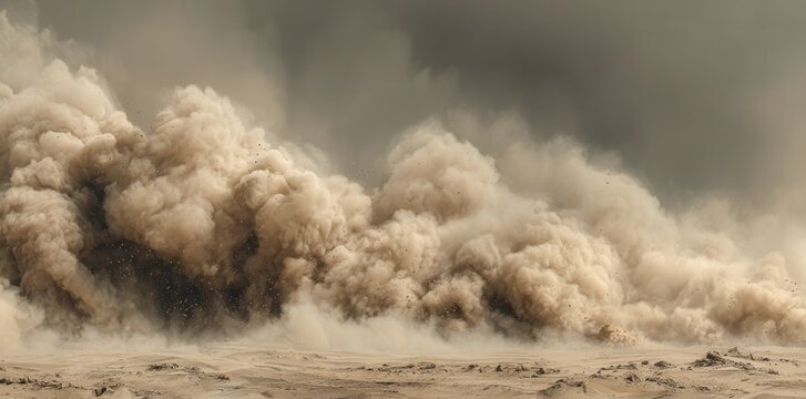 Potężna burza piaskowa przetaczająca się przez pustynię, tworząca gęste chmury pyłu i piasku w dramatycznym, surowym krajobrazie naturalnym.