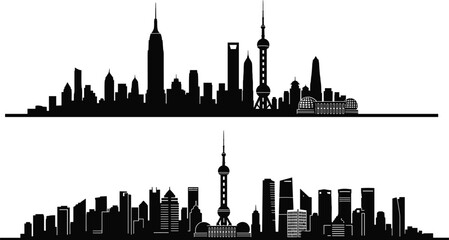 Shanghai city skyline silhouette vector illustration, modern urban skyscrapers panorama with Oriental Pearl Tower, black and white architectural cityscape design