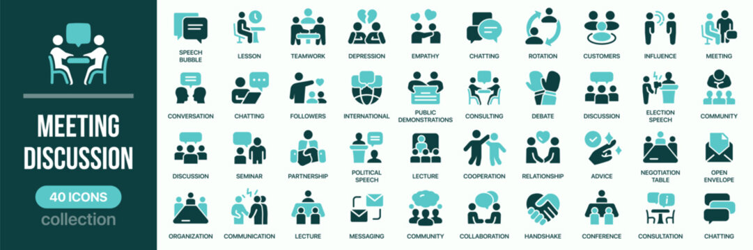 Meeting and discussion fill icon collection. Includes communication, negotiation, partnership, debate and community symbols. Created in colored style with teal palette