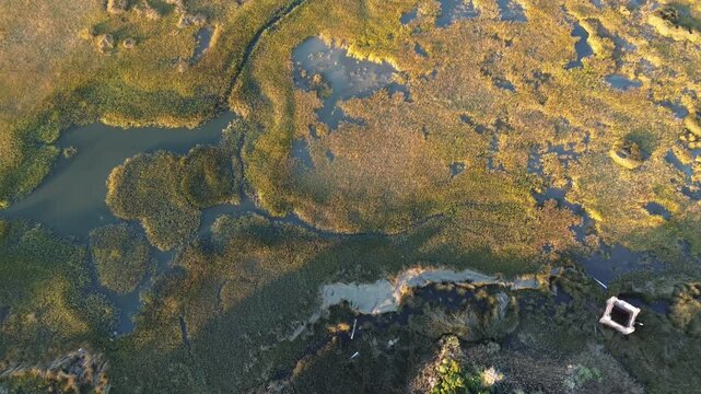 Aerial view of the intracoastal waterway and wetlands in Oak Island, North Carolina