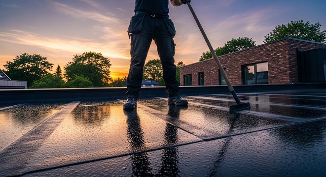 Professional worker applying waterproof coating or cleaning flat roof during golden hour sunset
