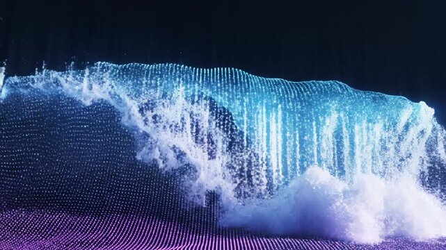 Digital wave composed of glowing blue particle mesh and neon purple grid forming dynamic data ocean with abstract motion and luminous foam. abstract digital landscape of glowing purple and blue