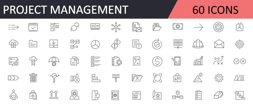 Project management line icon set. Business or organization management, time management, planning, project and startup   outline icon collection. Editable stroke.