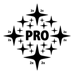 Black PRO text surrounded by four-pointed stars and 2x multipliers on a white background