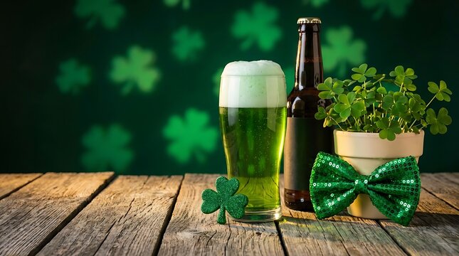 A frothy glass of green beer and a bottle on a wooden table, with shamrocks and a sparkly bow tie for St. Patrick's Day