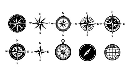 Fototapeta premium Collection of compass and navigation icons, flat design vector illustration