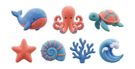 Puffy clay ocean icons elements set.