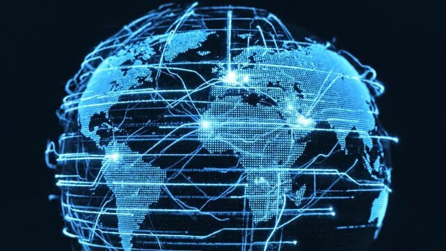 Digital globe with glowing network connection data points linking continents cyber blue conveying global communication technology information flow across cities oceans and blue digital world map