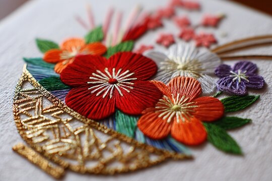 흰색 원단 위에 화려한 색상의 실크 실로 정교하게 수놓아진 전통적인 꽃무늬 자수와 황금색 바구니 디자인이 돋보이는 아름다운 수공예 예술 작품의 클로즈업으로 섬세한 질감이 살아있는 사진입니다.
