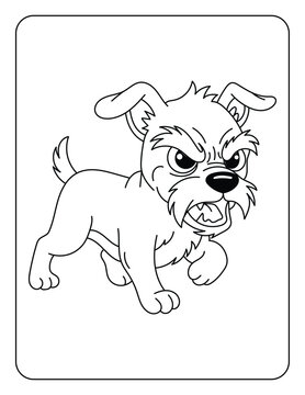Cute Angry Puppy Coloring Page, Adorable Grumpy Dog Character Line Art for Kids
