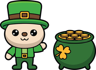 Cute Kawaii St. Patrick&rsquo;s Day Cartoon Character Wearing Leprechaun Hat Next to Pot of Gold Vector Illustration
