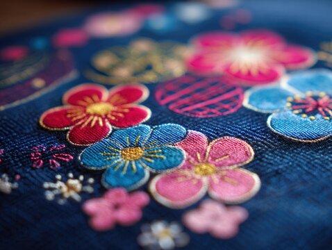 짙은 남색 실크 원단 위에 정교하게 수놓아진 화려한 빨간색과 분홍색 그리고 파란색 매화 꽃무늬 자수의 섬세한 질감과 전통적인 한국 공예의 우아한 아름다움을 담아낸 매크로 클로즈업 사진입니다.