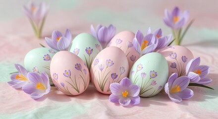 Fototapeta premium Decorative Easter Eggs with Crocuses on Pastel Background