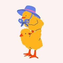 Little Chick in hat stands on another chicks back. Cute characters. Easter symbol concept. Hand drawn Vector illustration. Isolated design element. Logo, icon, print, sticker template