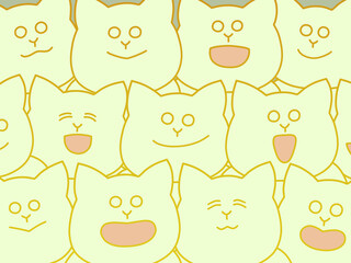 たくさんの猫が集まって楽しそうにしているイラスト　背景・ポスター・壁紙　黄緑