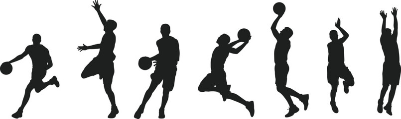 Large collection of black silhouettes featuring male basketball players jumping dunking dribbling and shooting the ball in various active sports poses isolated on white background © Parimal