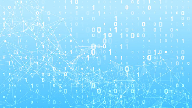 Abstract technology background with binary code 0 and 1. Digital illustration of a data network with connected dots and lines on a blue gradient.