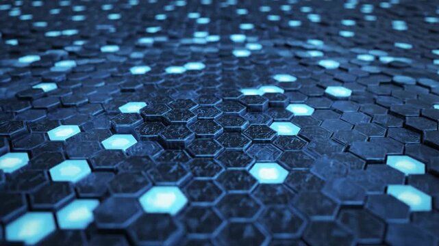 Futuristic hexagon tile grid with glowing blue light accents creating depth and technological atmosphere abstract pattern suggesting network circuit and digital surface textures glowing blue hexagon