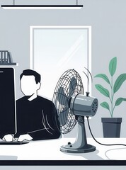 Person working at desk with vintage electric fan providing circulation in bright office setting