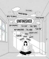 Person meditating inside an empty room overwhelmed by numerous unfinished tasks and scattered thoughts